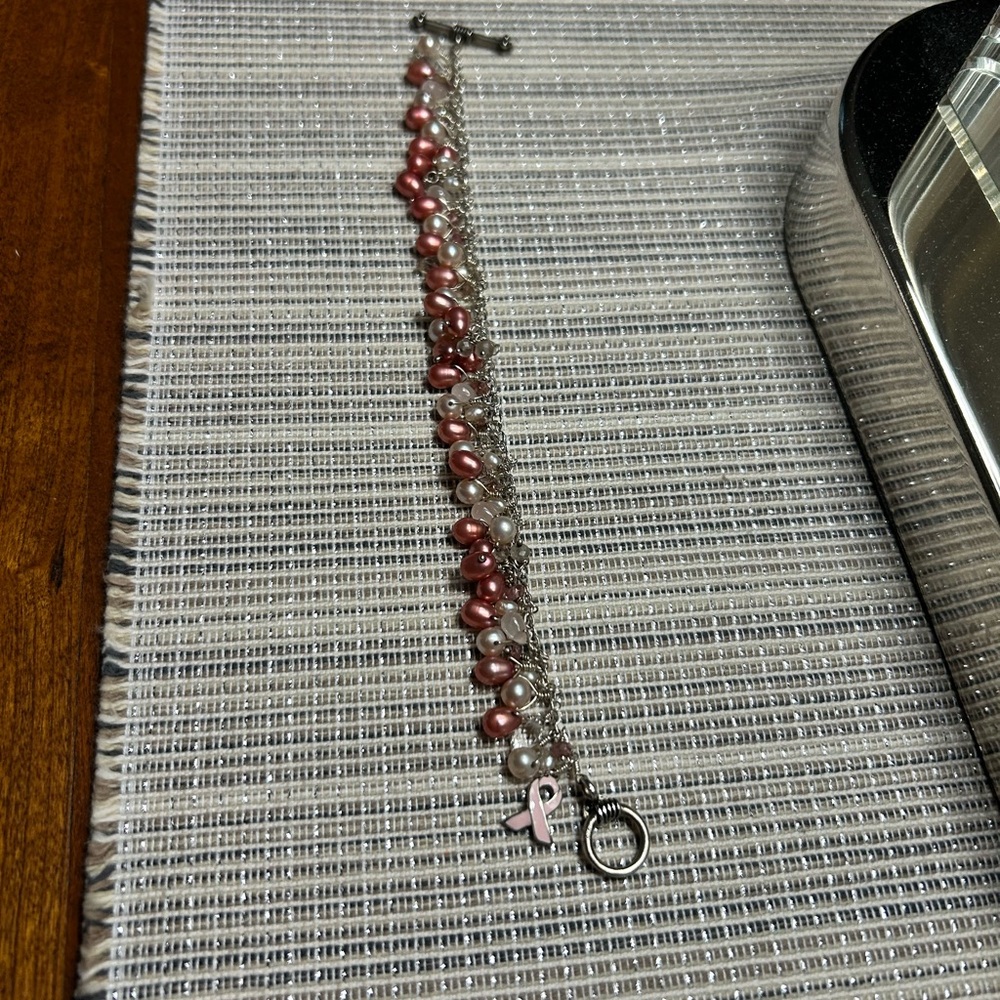 Elegant Breast Cancer Pink and Silver Pearl Bracelet